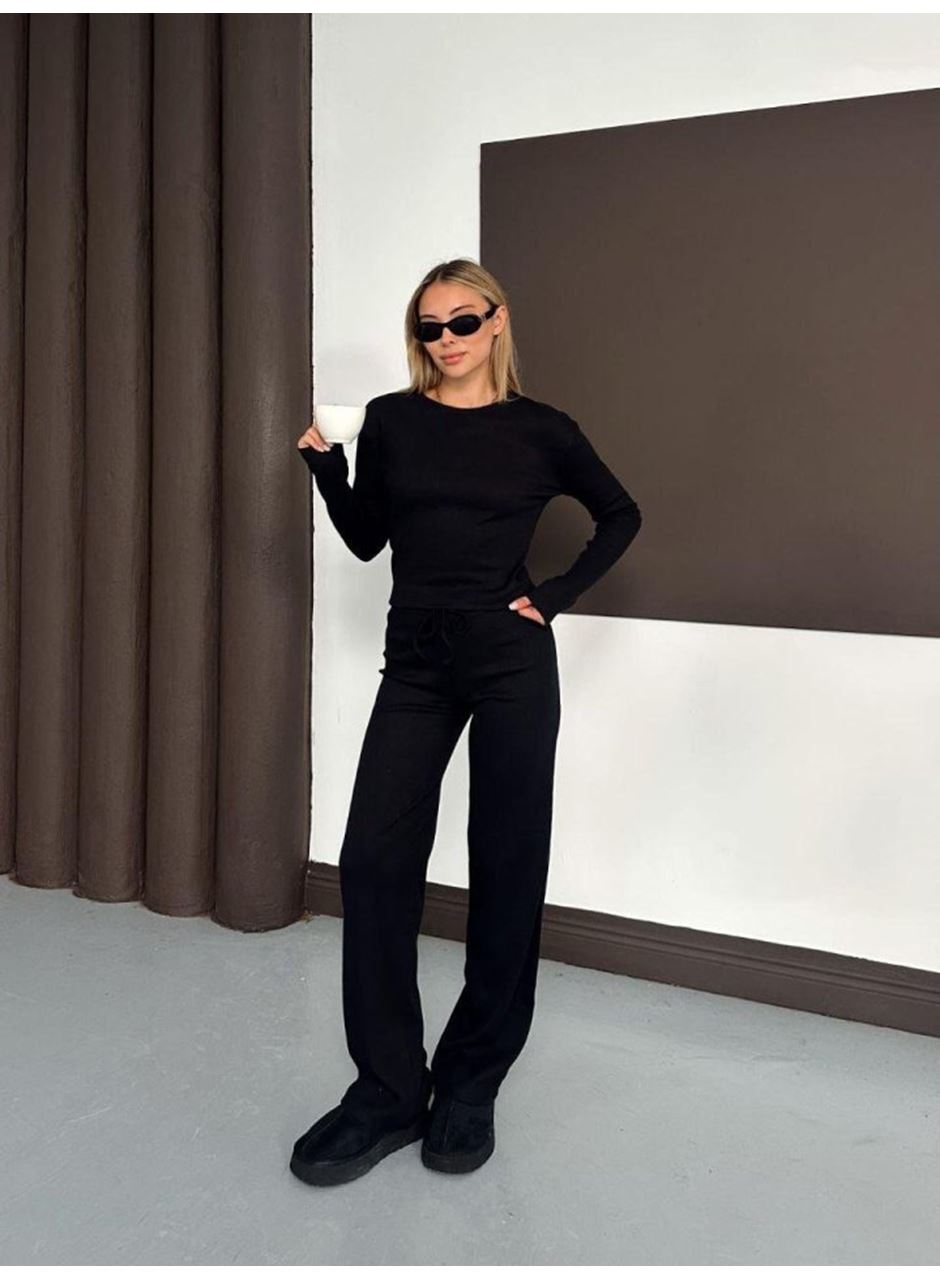 Kadın Bisiklet Yaka Parmak Geçme Detay Uzun Kollu Bluz Ve Pantolon Ikili Takım