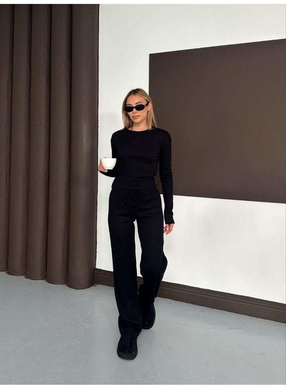 Kadın Bisiklet Yaka Parmak Geçme Detay Uzun Kollu Bluz Ve Pantolon Ikili Takım