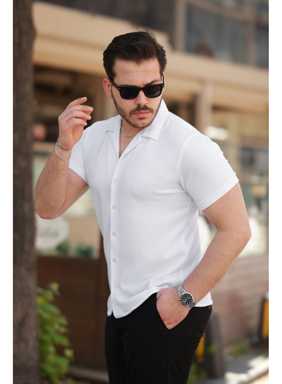 Erkek Ottoman Kumaş Apaj Yaka Kısa Kollu Gömlek