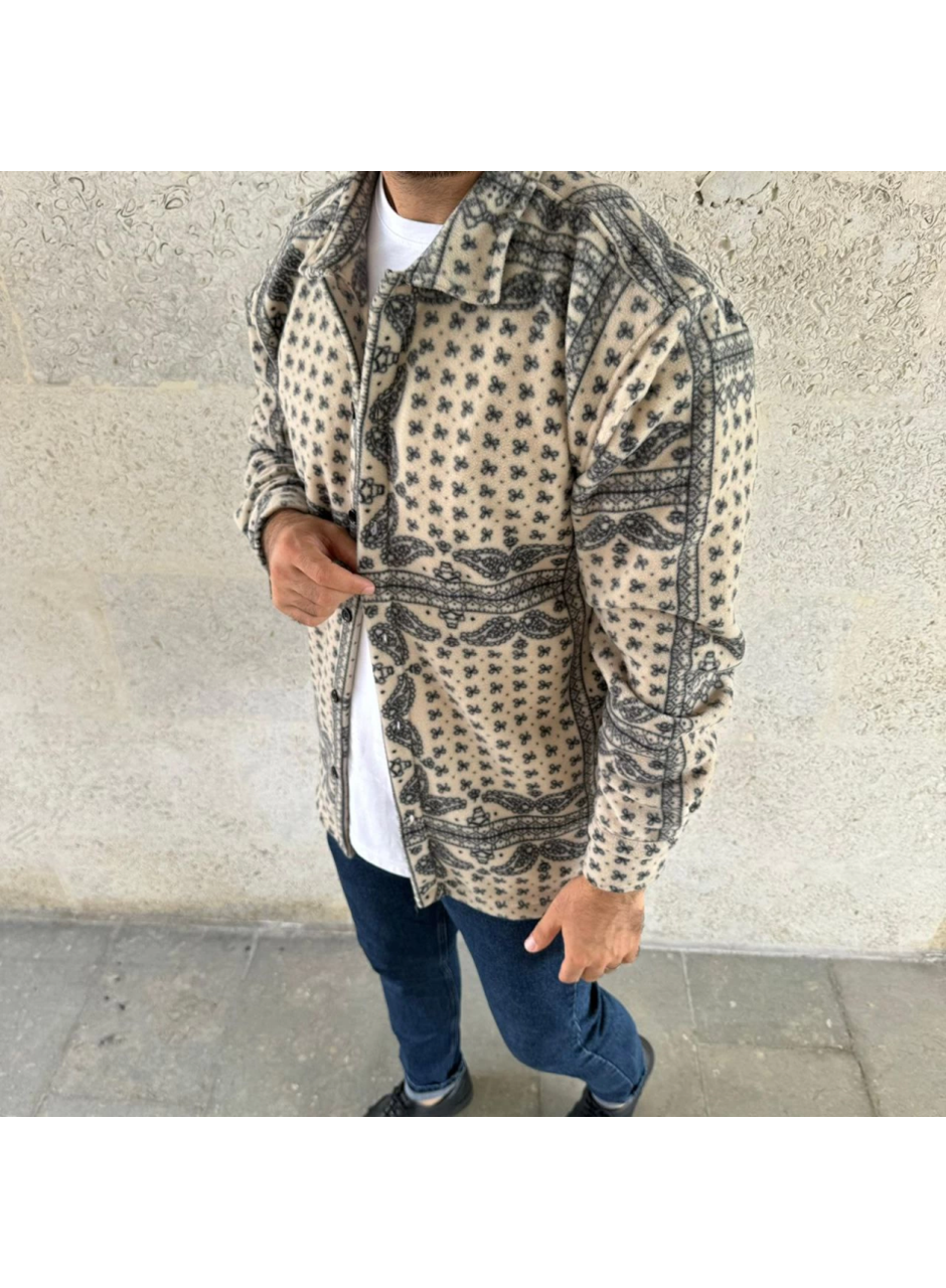 Erkek Polar Fermuarlı Sweatshirt – Kapüşonsuz, Cepli, Yumuşak Dokulu, Oversize Rahat Kalıp, Kışlık Sıcak Tutan Fermuarlı Üst - Bej