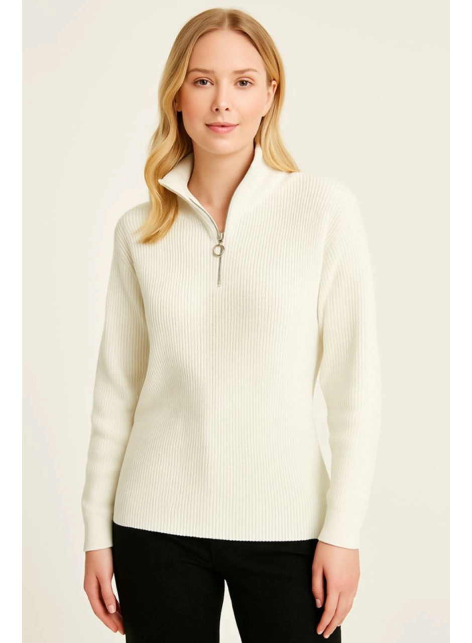 KADIN Yarım Fermuarlı Triko Kazak – Selanik Örgü, Dik Yaka, Pamuklu Dokuma, Oversize Uzun Kollu Kışlık Model - Beyaz