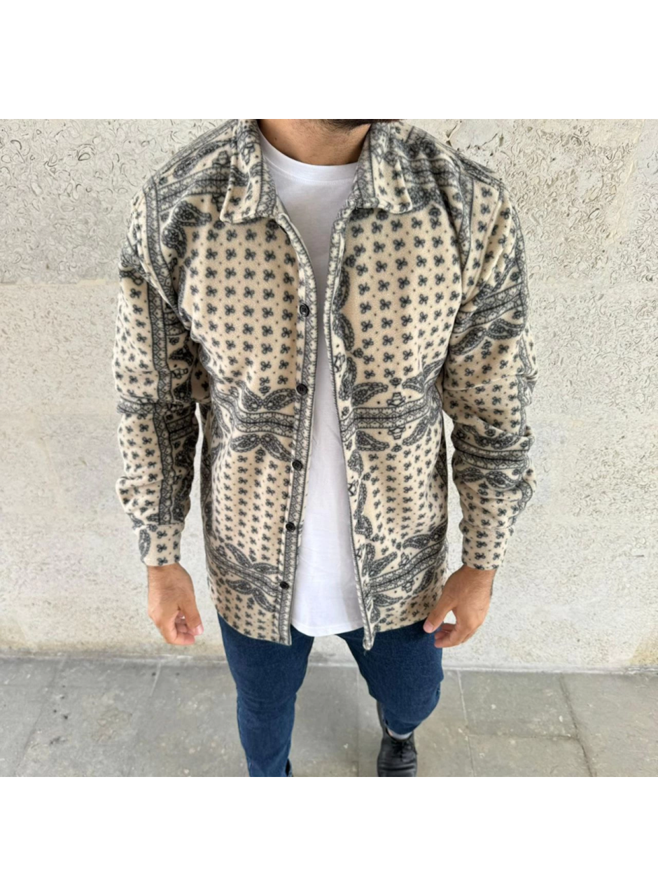 Erkek Polar Fermuarlı Sweatshirt – Kapüşonsuz, Cepli, Yumuşak Dokulu, Oversize Rahat Kalıp, Kışlık Sıcak Tutan Fermuarlı Üst - Bej