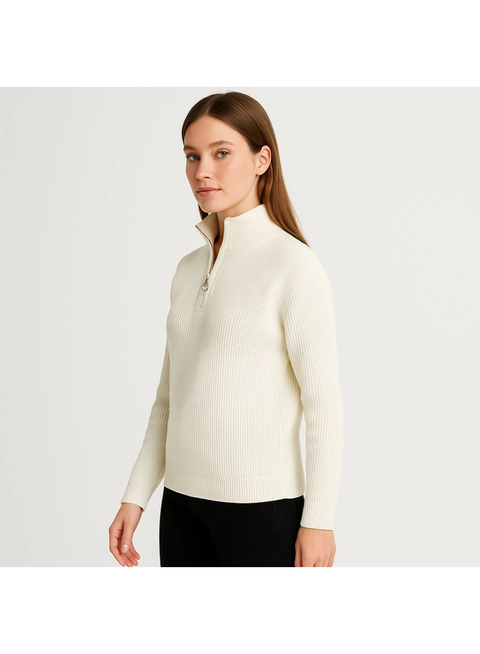 KADIN Yarım Fermuarlı Triko Kazak – Selanik Örgü, Dik Yaka, Pamuklu Dokuma, Oversize Uzun Kollu Kışlık Model - Beyaz