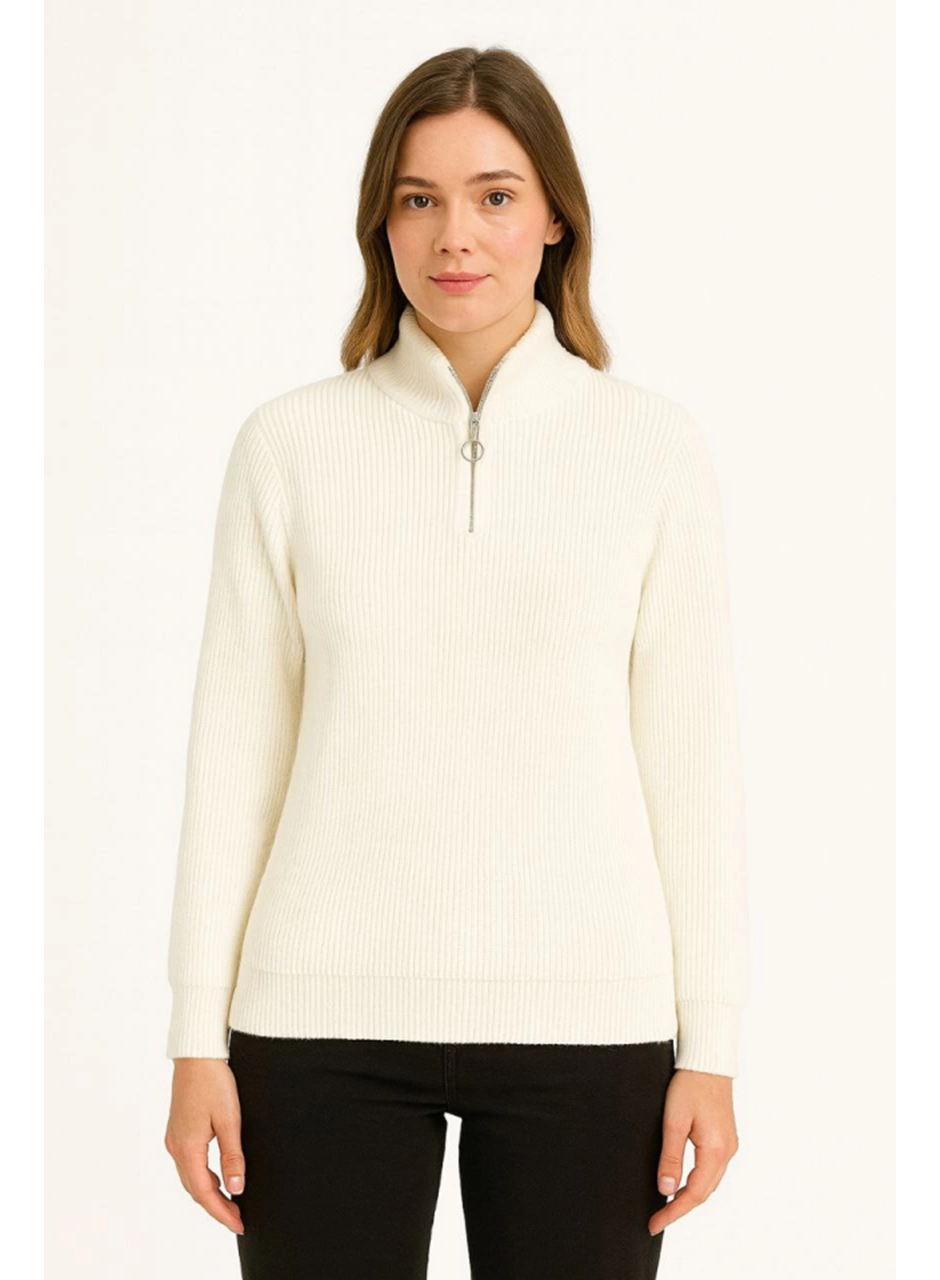 KADIN Yarım Fermuarlı Triko Kazak – Selanik Örgü, Dik Yaka, Pamuklu Dokuma, Oversize Uzun Kollu Kışlık Model - Beyaz