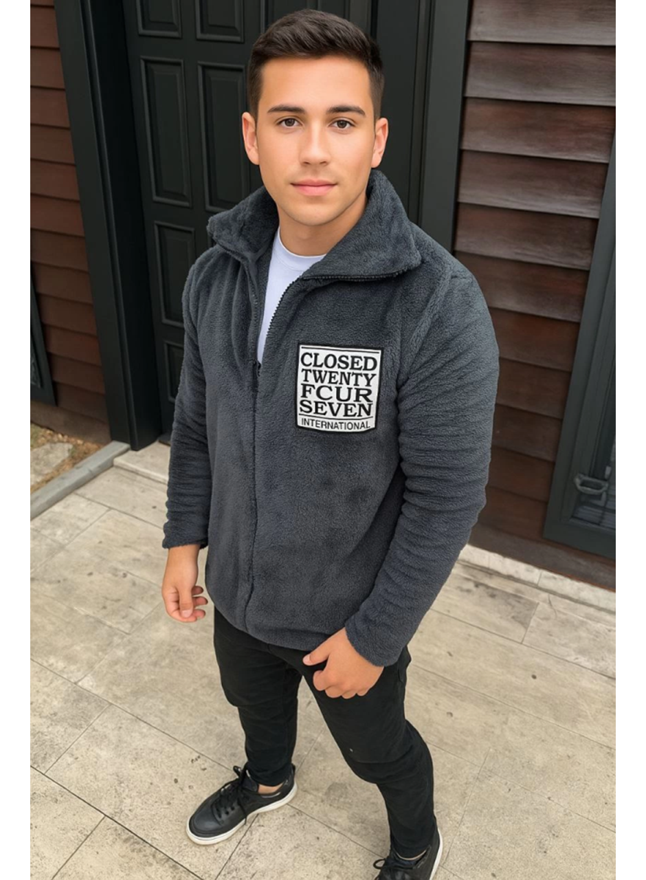 Erkek Polar Fermuarlı Sweatshirt – Kapüşonsuz, Cepli, Yumuşak Dokulu, Oversize Rahat Kalıp, Kışlık Sıcak Tutan Fermuarlı Üst - Füme