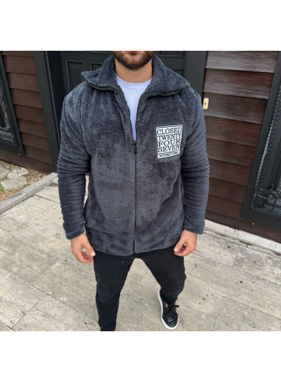 Erkek Polar Fermuarlı Sweatshirt – Kapüşonsuz, Cepli, Yumuşak Dokulu, Oversize Rahat Kalıp, Kışlık Sıcak Tutan Fermuarlı Üst - Füme