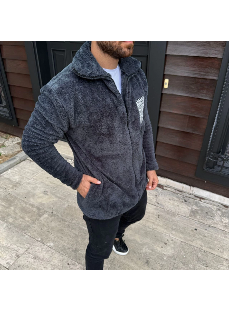 Erkek Polar Fermuarlı Sweatshirt – Kapüşonsuz, Cepli, Yumuşak Dokulu, Oversize Rahat Kalıp, Kışlık Sıcak Tutan Fermuarlı Üst - Füme