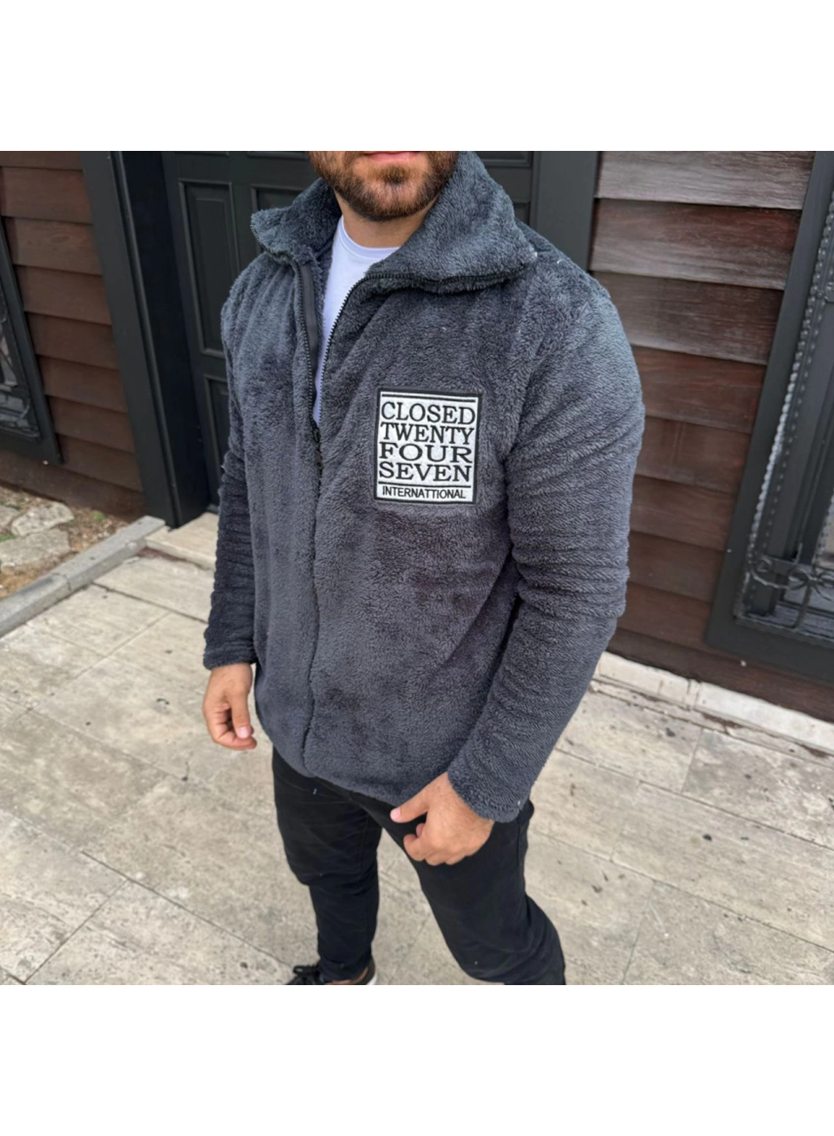 Erkek Polar Fermuarlı Sweatshirt – Kapüşonsuz, Cepli, Yumuşak Dokulu, Oversize Rahat Kalıp, Kışlık Sıcak Tutan Fermuarlı Üst - Füme