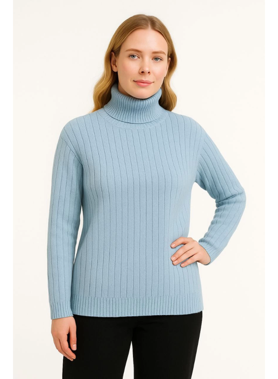 Balıkcı Yaka Bağazlı Triko Kazak Pamuklu Kalın Fitilli Dokuma - Bebek Mavisi