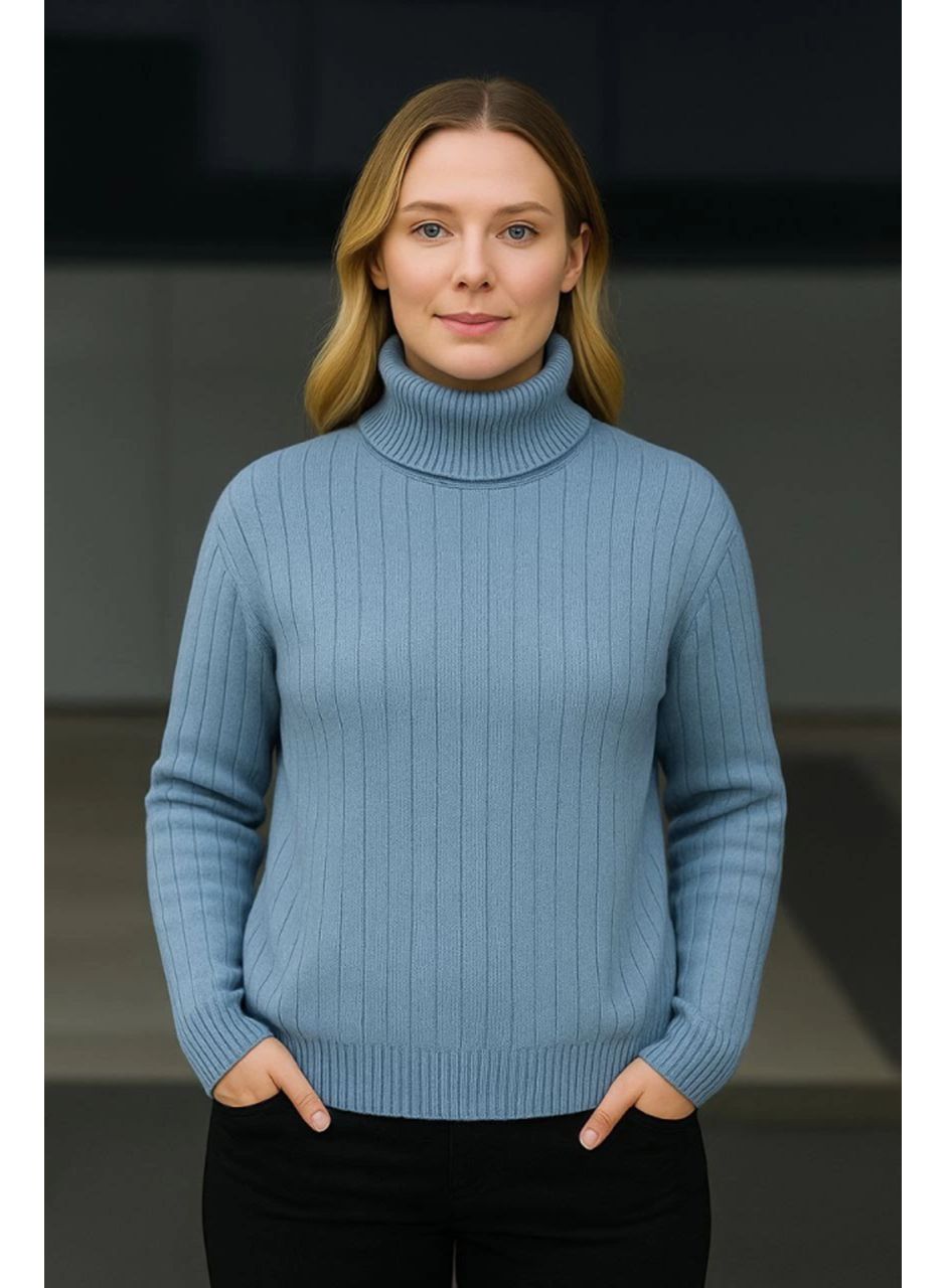 Balıkcı Yaka Bağazlı Triko Kazak Pamuklu Kalın Fitilli Dokuma - Bebek Mavisi