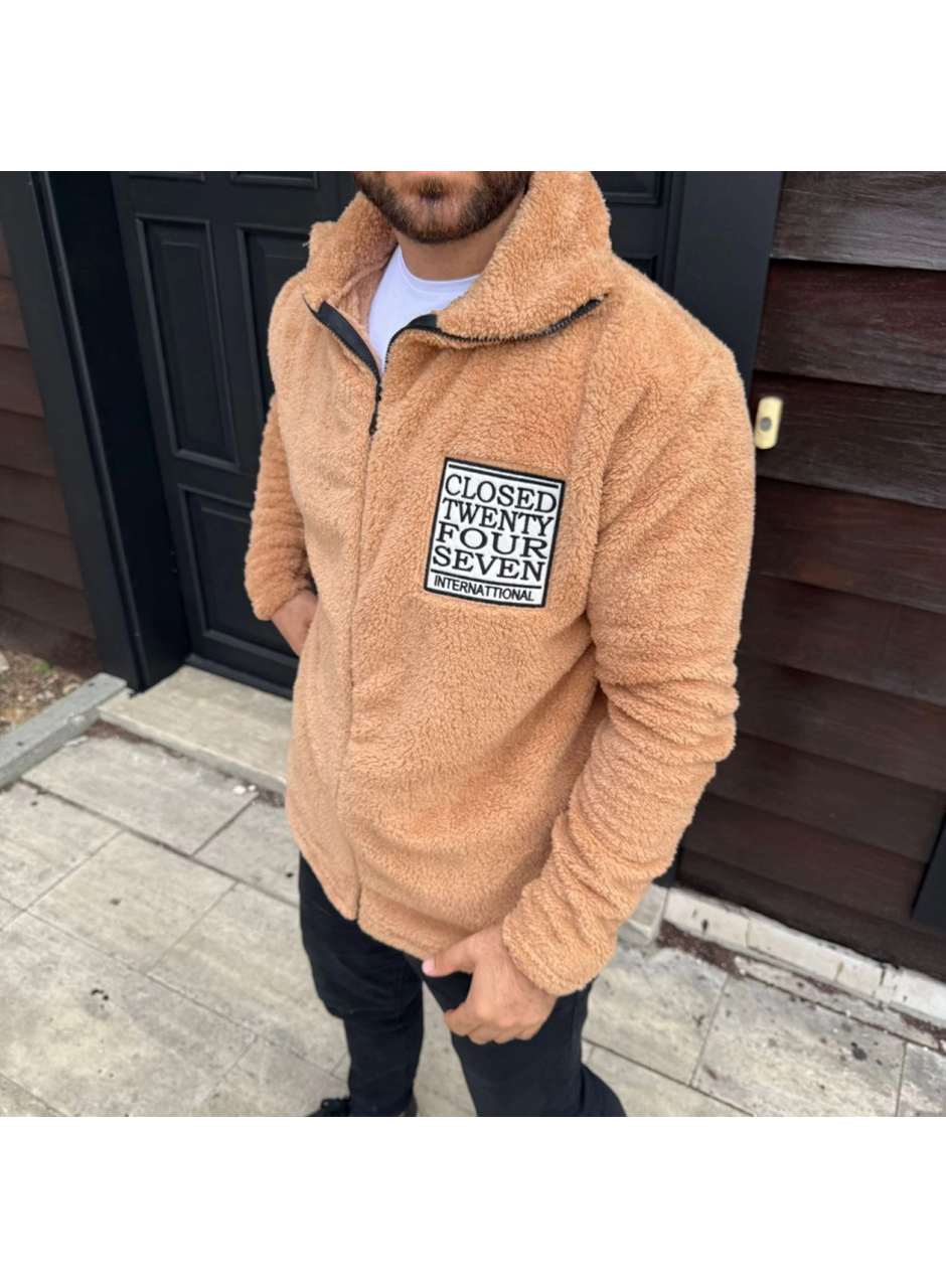 Erkek Polar Fermuarlı Sweatshirt – Kapüşonsuz, Cepli, Yumuşak Dokulu, Oversize Rahat Kalıp, Kışlık Sıcak Tutan Fermuarlı Üst - Kahverengi