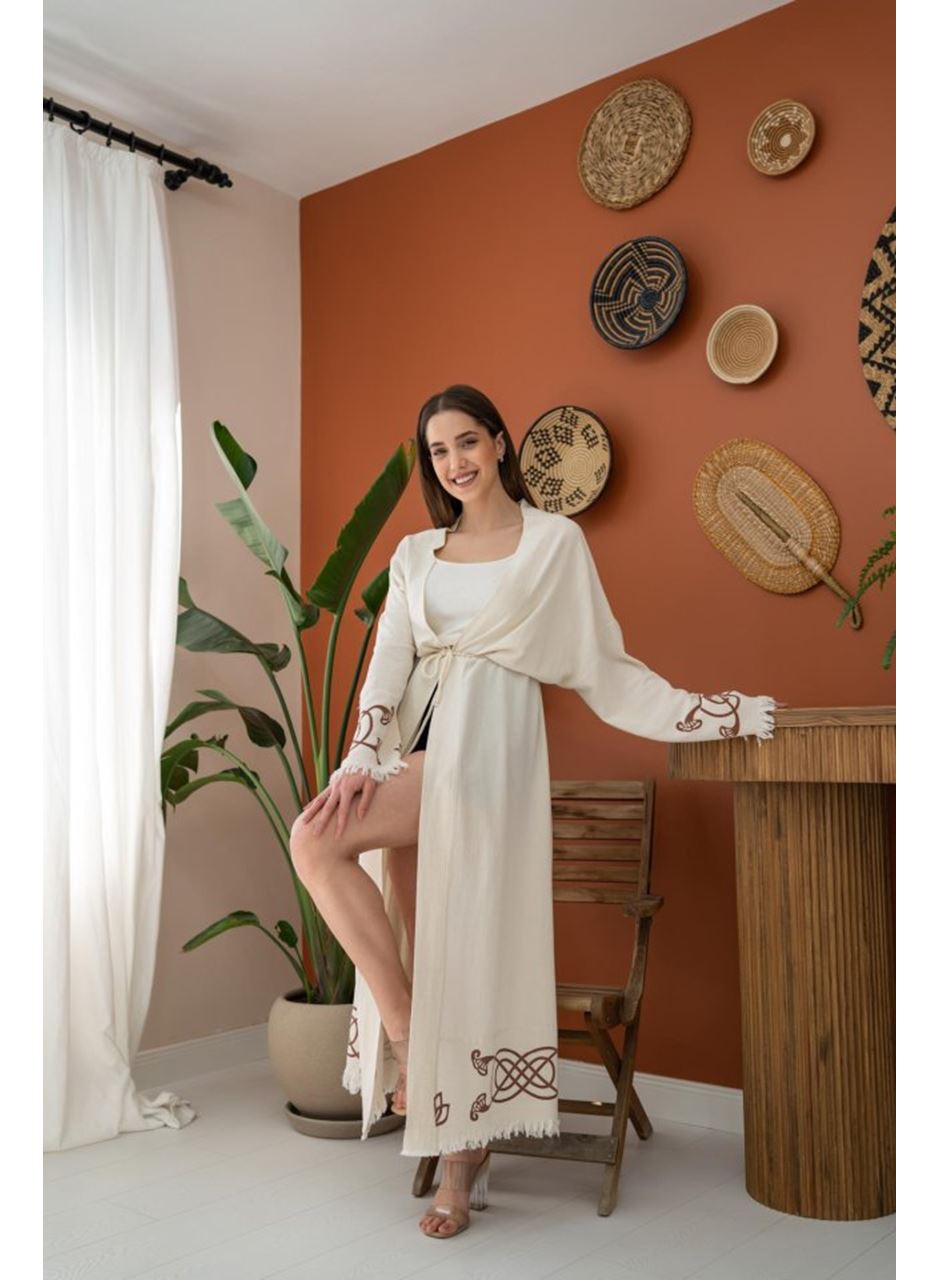 Kahverengi Baskı Detay Keten Hırka