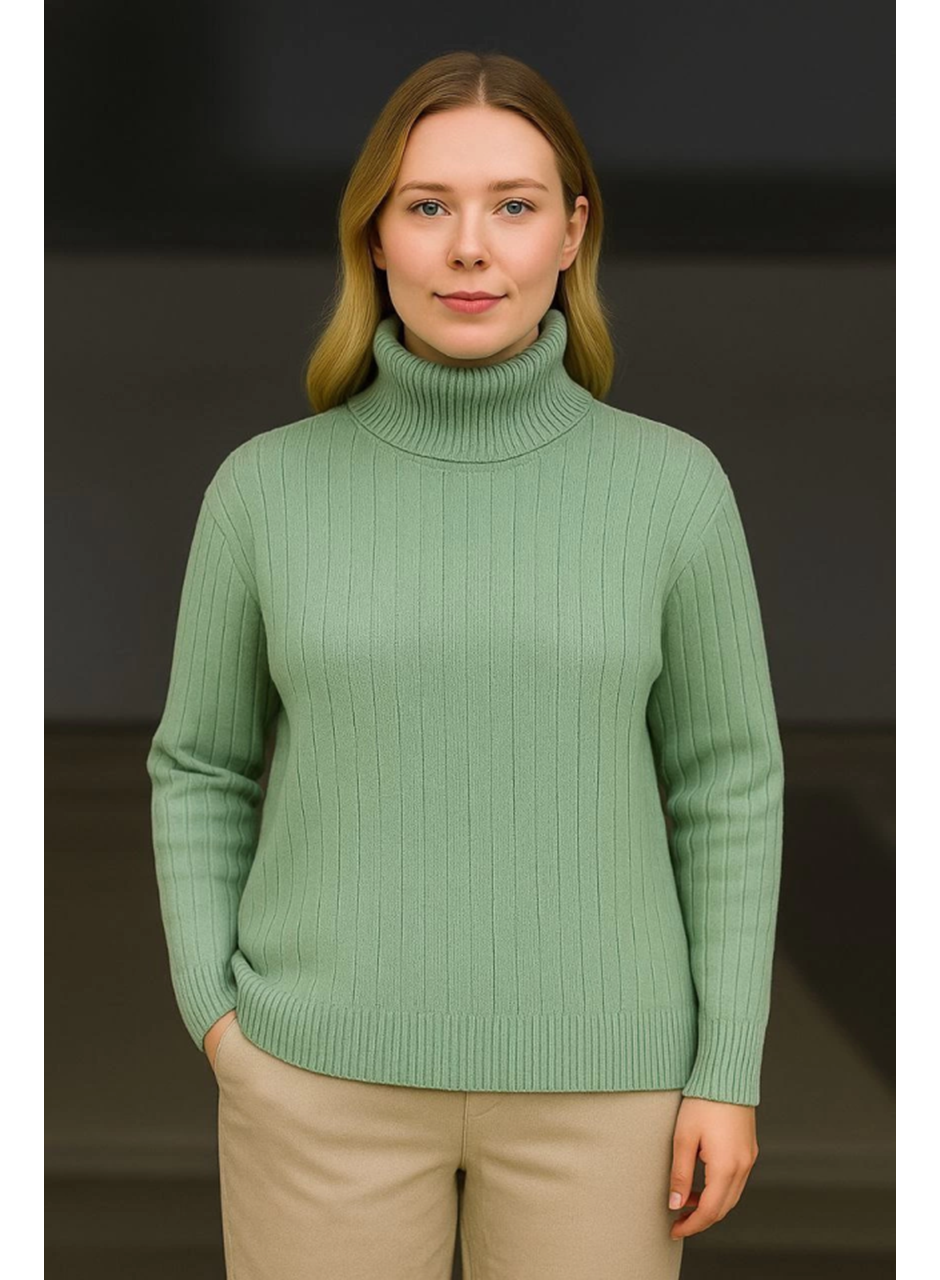 Balıkcı Yaka Bağazlı Triko Kazak Pamuklu Kalın Fitilli Dokuma - Mint Yeşili
