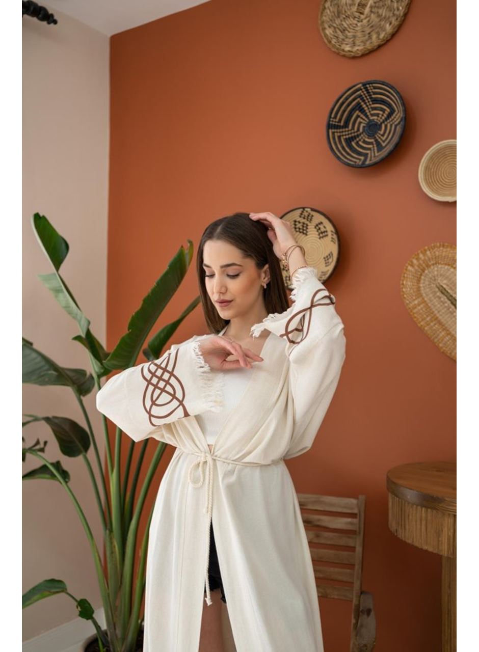 Kahverengi Baskı Detay Keten Hırka