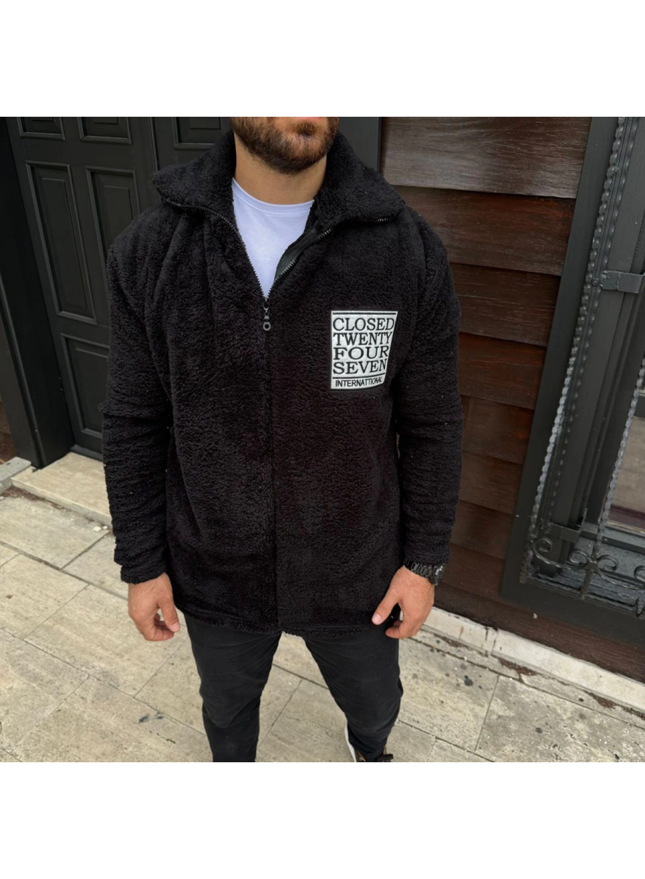 Erkek Polar Fermuarlı Sweatshirt – Kapüşonsuz, Cepli, Yumuşak Dokulu, Oversize Rahat Kalıp, Kışlık Sıcak Tutan Fermuarlı Üst - Siyah