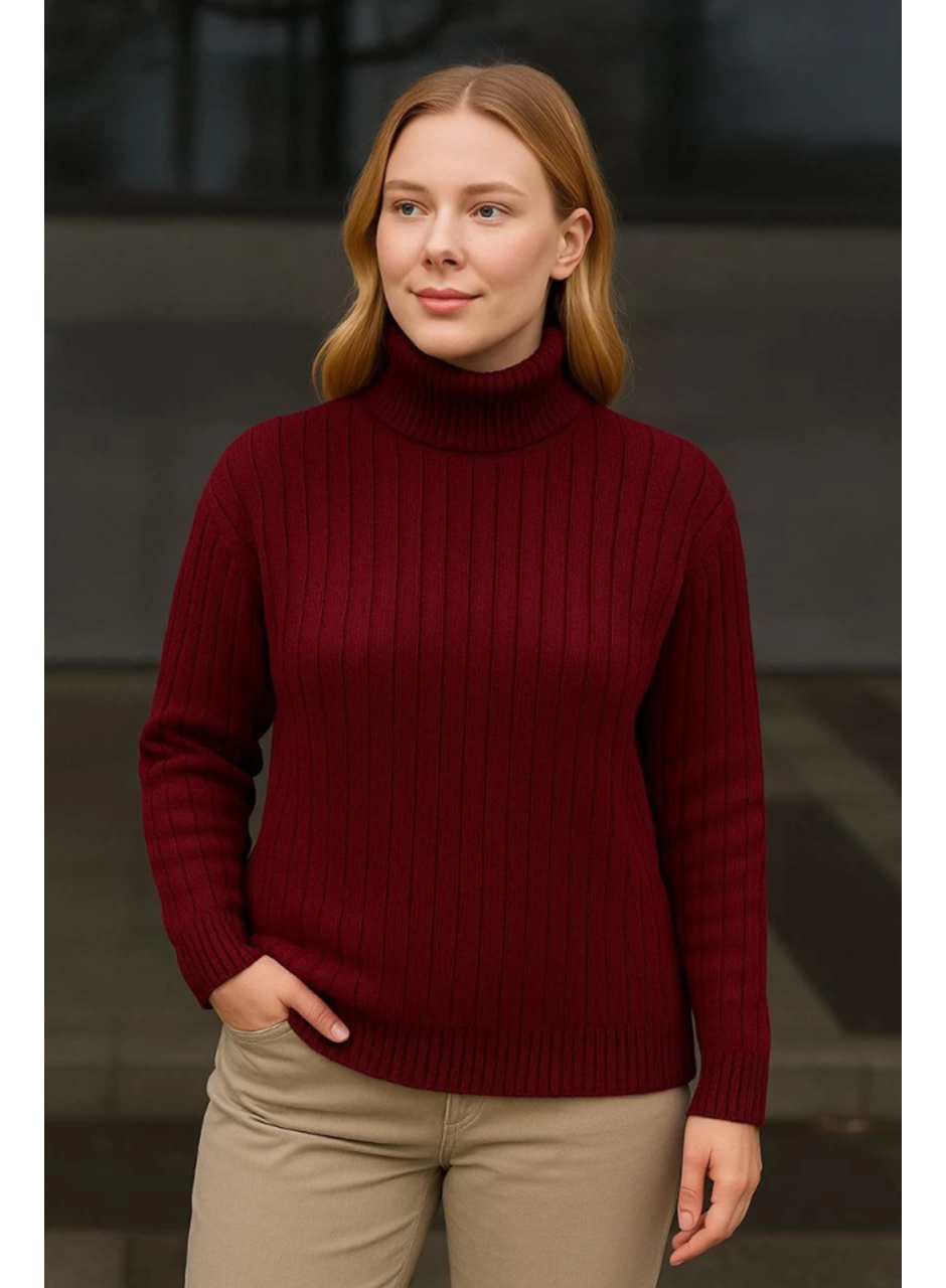 Balıkcı Yaka Bağazlı Triko Kazak Pamuklu Kalın Fitilli Dokuma - Bordo