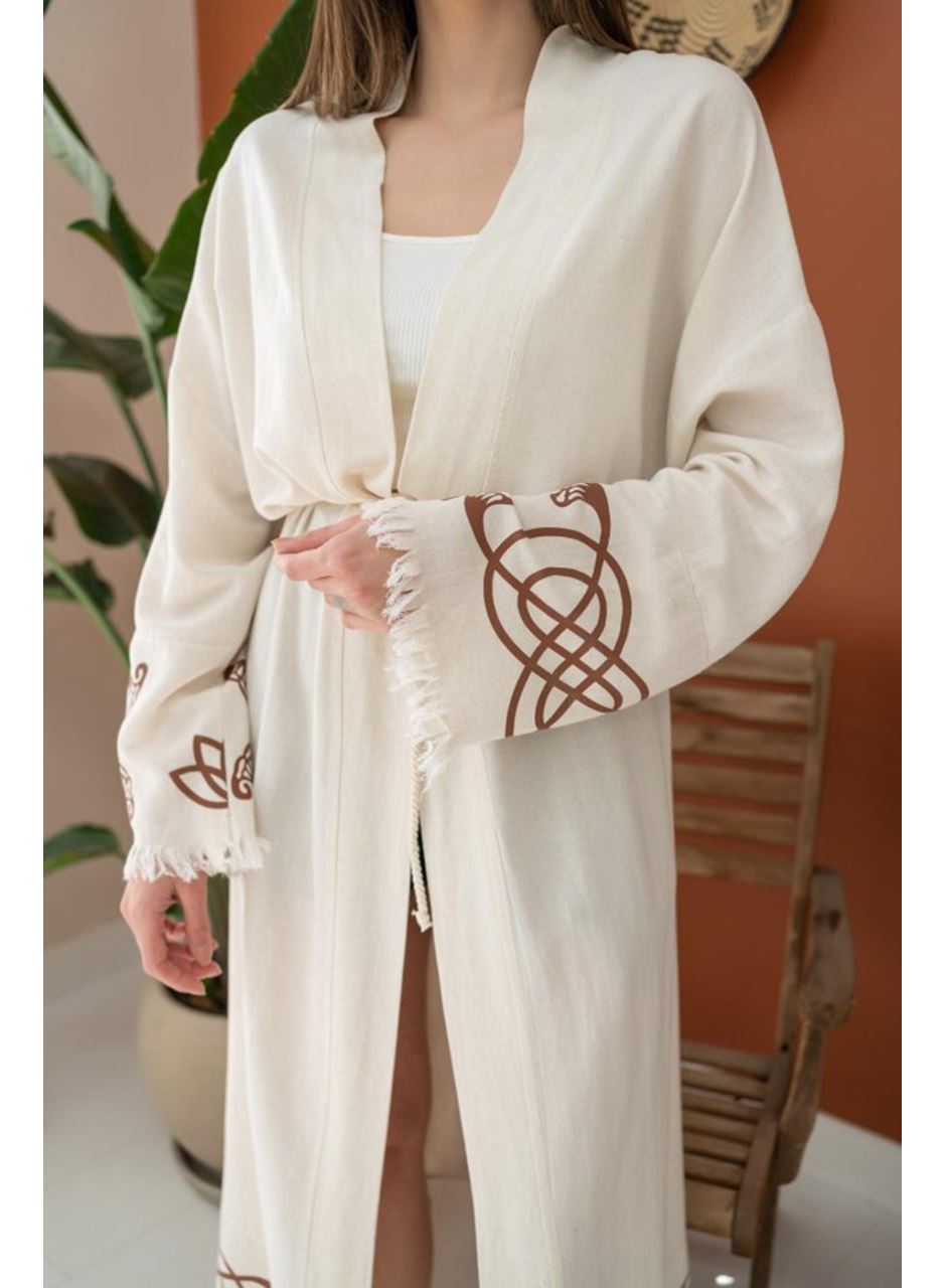 Kahverengi Baskı Detay Keten Hırka