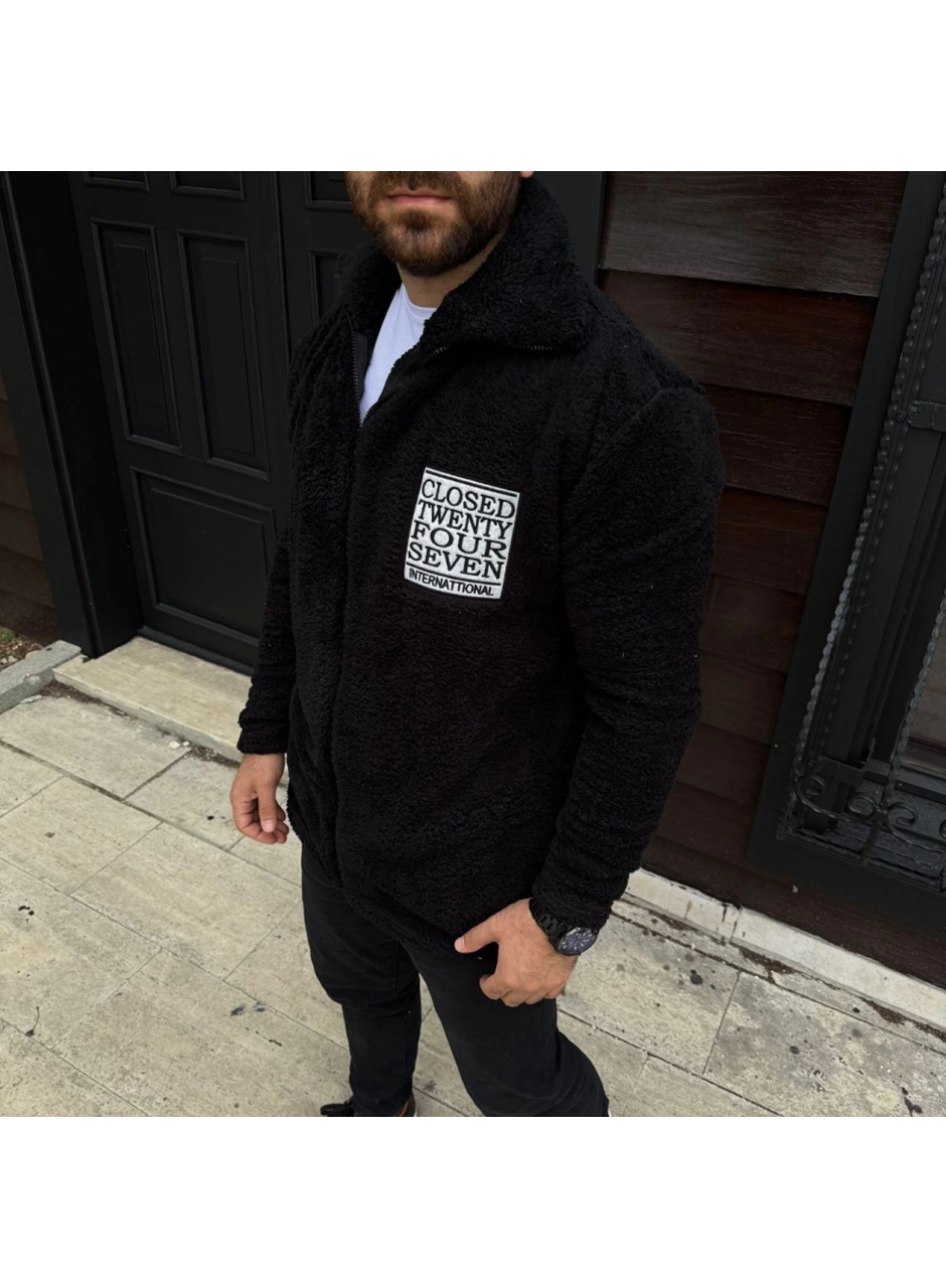 Erkek Polar Fermuarlı Sweatshirt – Kapüşonsuz, Cepli, Yumuşak Dokulu, Oversize Rahat Kalıp, Kışlık Sıcak Tutan Fermuarlı Üst - Siyah