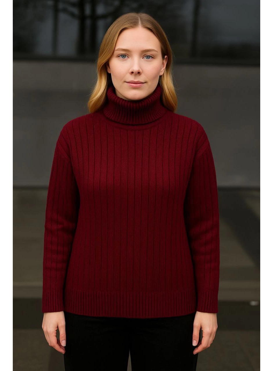 Balıkcı Yaka Bağazlı Triko Kazak Pamuklu Kalın Fitilli Dokuma - Bordo