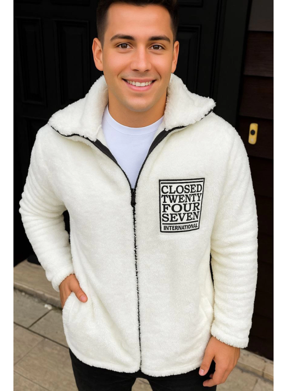 Erkek Polar Fermuarlı Sweatshirt – Kapüşonsuz, Cepli, Yumuşak Dokulu, Oversize Rahat Kalıp, Kışlık Sıcak Tutan Fermuarlı Üst - Beyaz