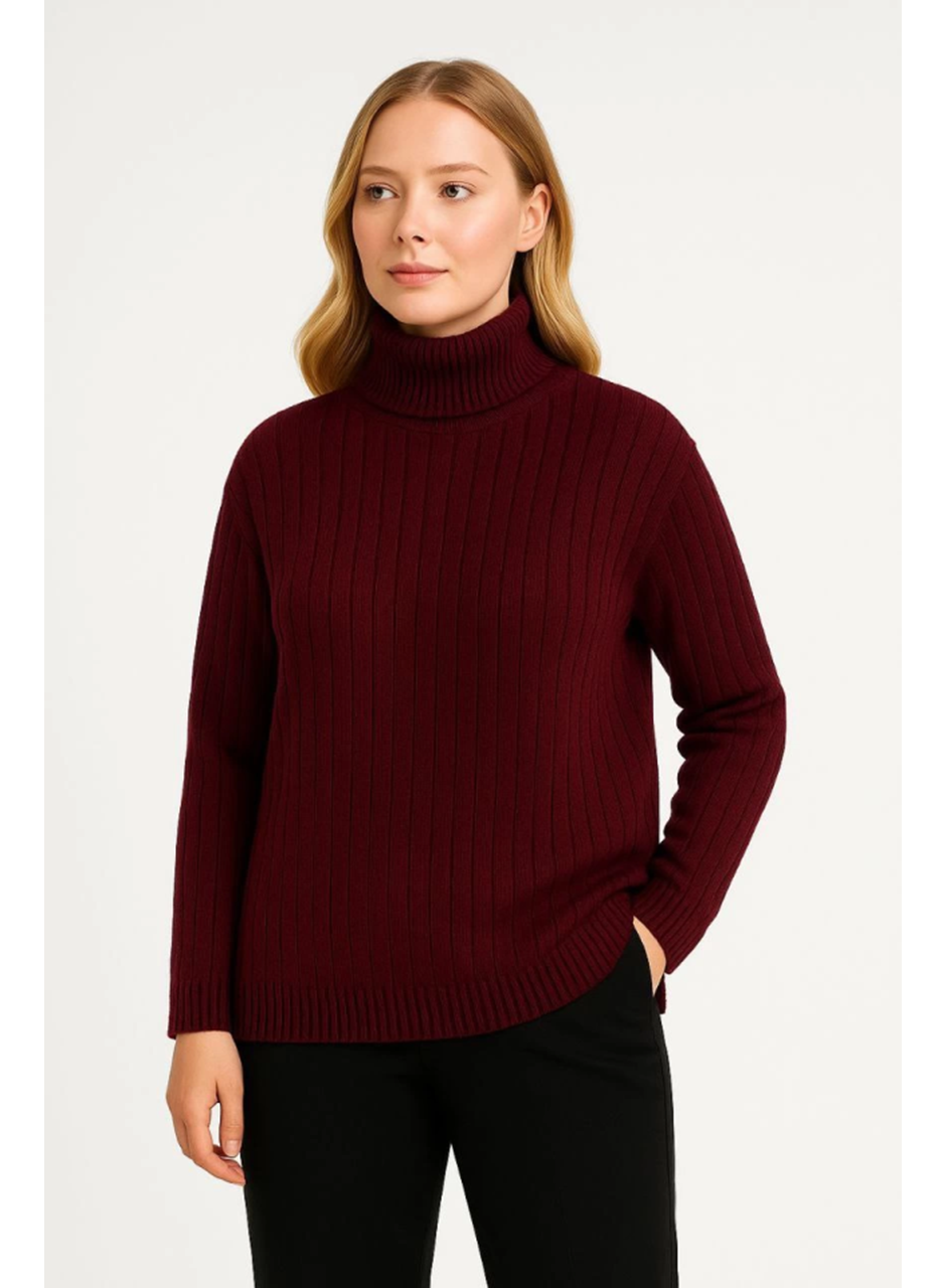 Balıkcı Yaka Bağazlı Triko Kazak Pamuklu Kalın Fitilli Dokuma - Bordo