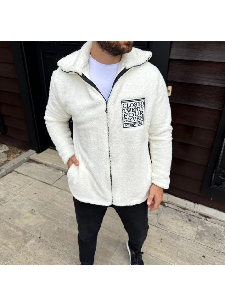 Erkek Polar Fermuarlı Sweatshirt – Kapüşonsuz, Cepli, Yumuşak Dokulu, Oversize Rahat Kalıp, Kışlık Sıcak Tutan Fermuarlı Üst - Beyaz