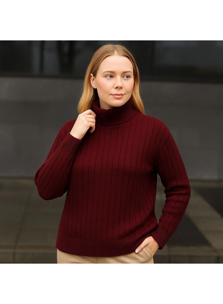 Balıkcı Yaka Bağazlı Triko Kazak Pamuklu Kalın Fitilli Dokuma - Bordo
