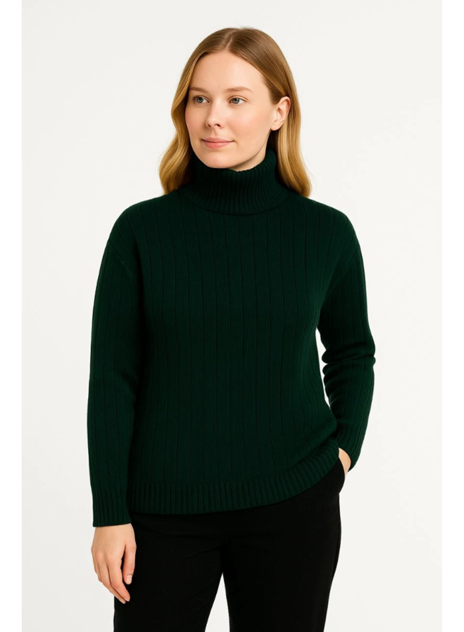 Balıkcı Yaka Bağazlı Triko Kazak Pamuklu Kalın Fitilli Dokuma - Haki