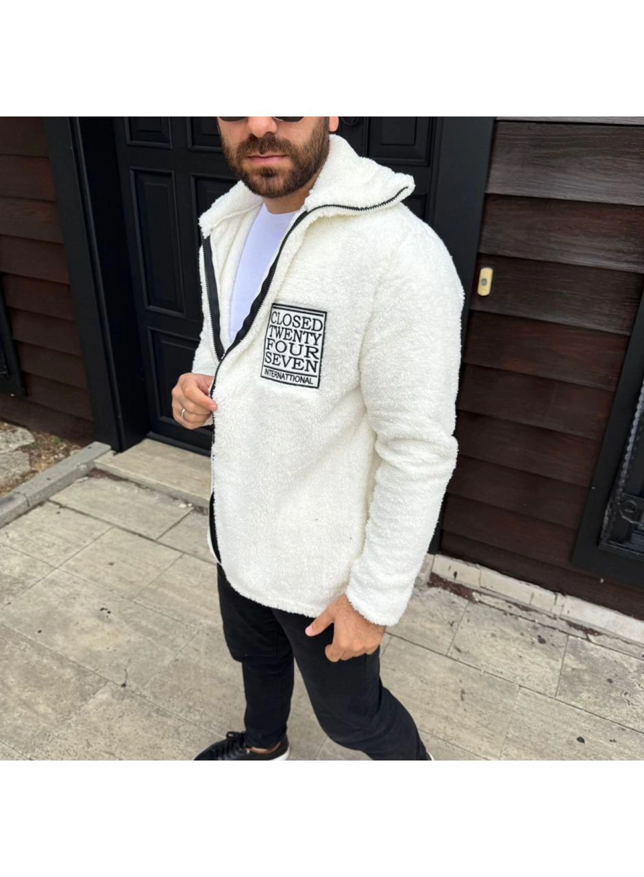 Erkek Polar Fermuarlı Sweatshirt – Kapüşonsuz, Cepli, Yumuşak Dokulu, Oversize Rahat Kalıp, Kışlık Sıcak Tutan Fermuarlı Üst - Beyaz