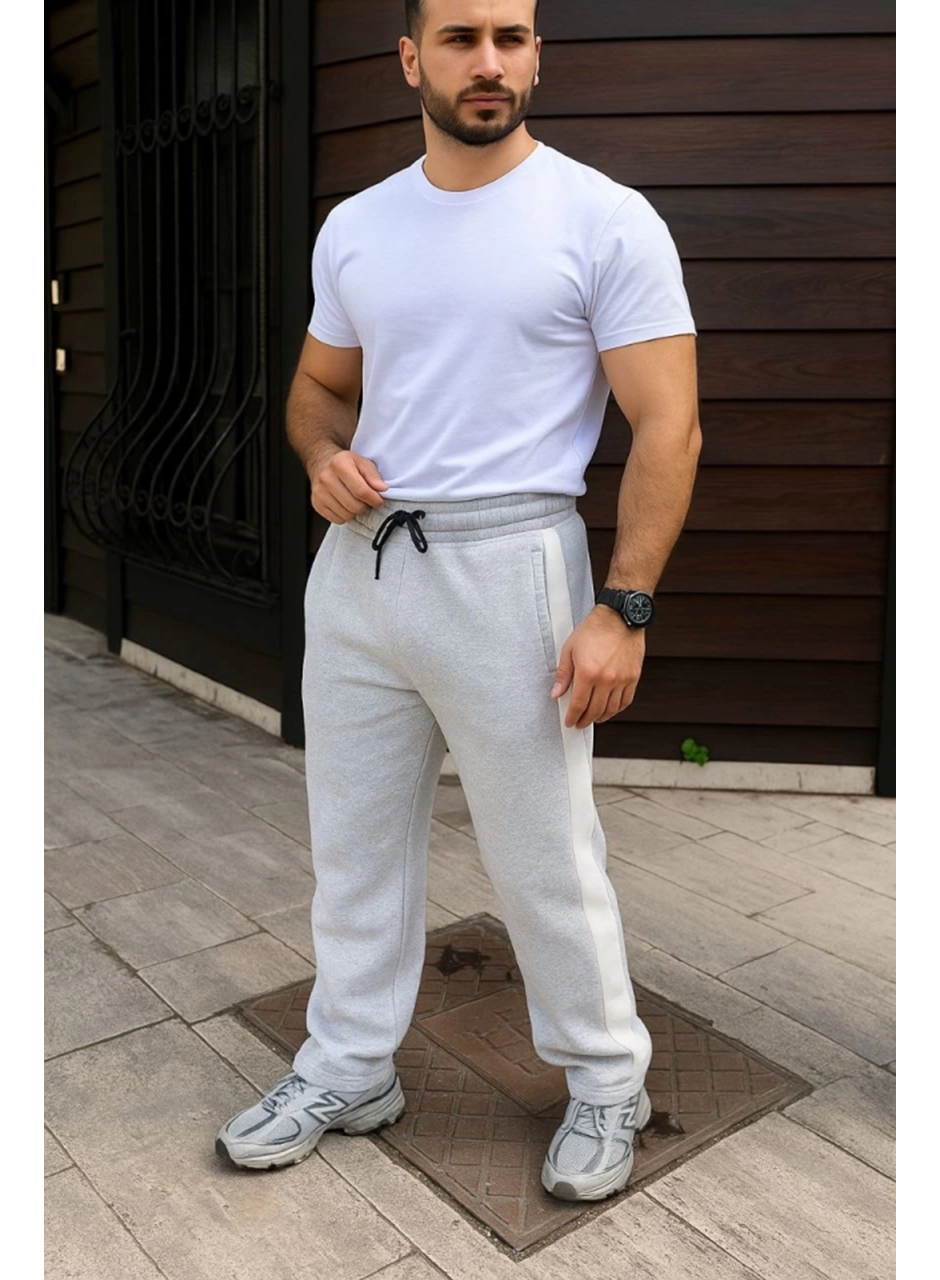 Erkek Üç İplik Kışlık Pamuklu Yandan Garneli Kalın Bej Şeritli Cepli Eşofman Altı - Gri