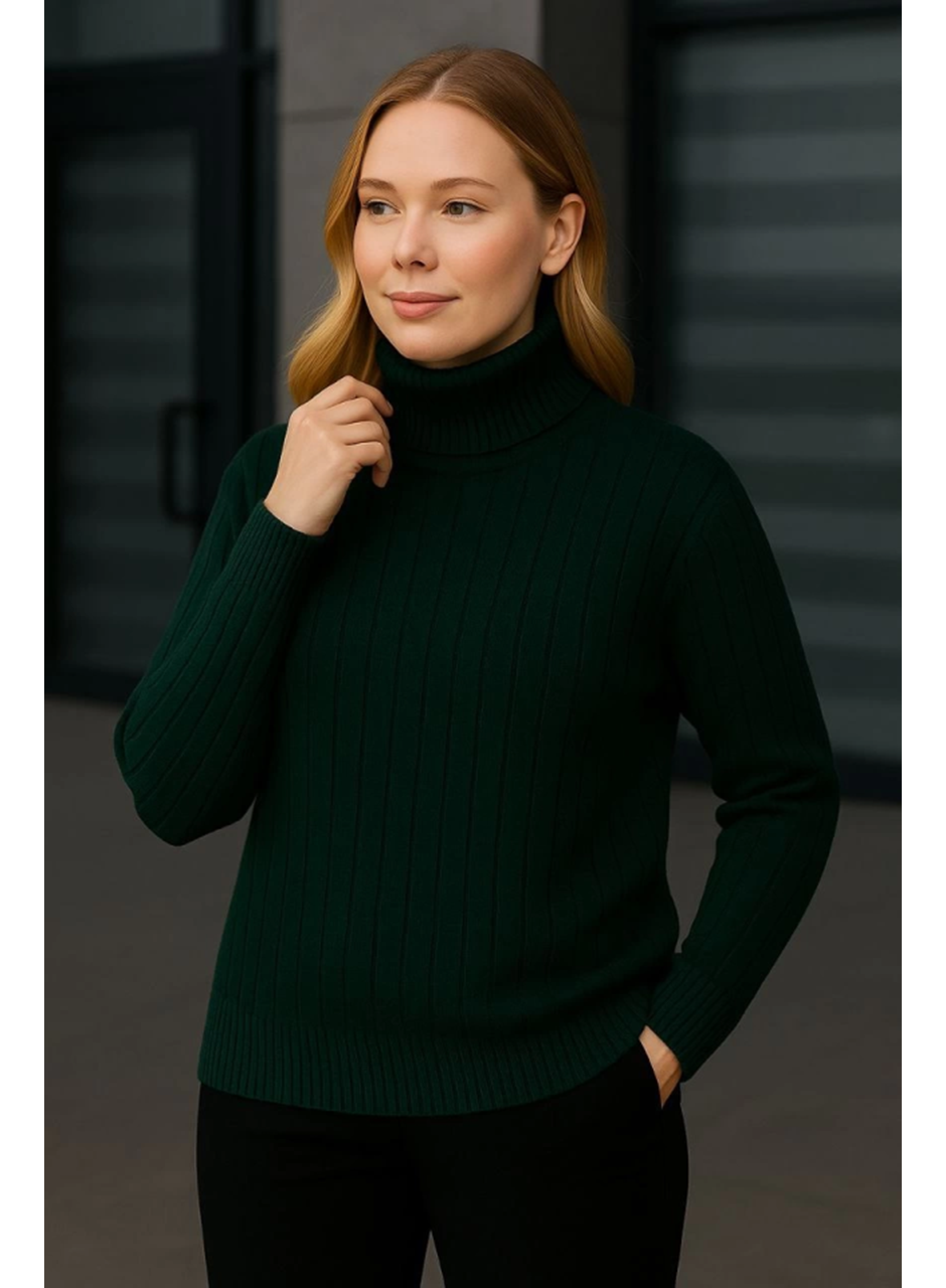 Balıkcı Yaka Bağazlı Triko Kazak Pamuklu Kalın Fitilli Dokuma - Haki