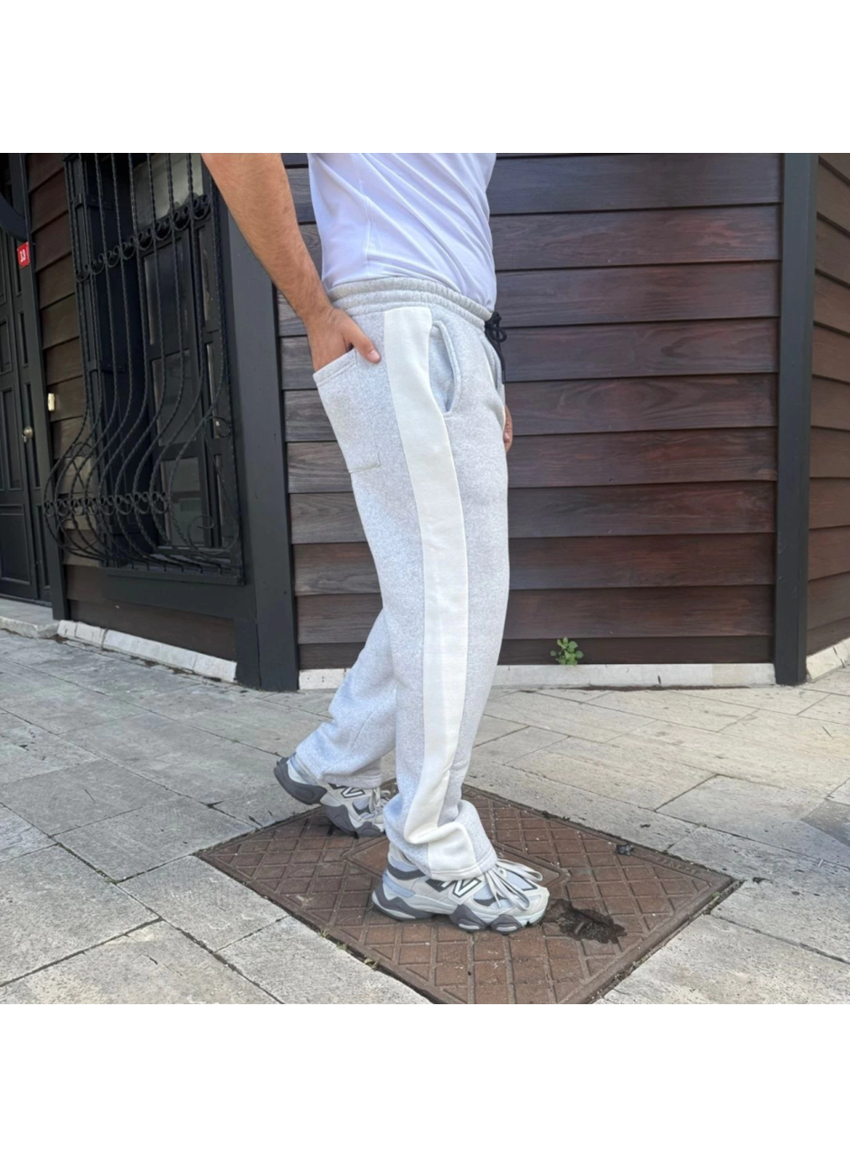 Erkek Üç İplik Kışlık Pamuklu Yandan Garneli Kalın Bej Şeritli Cepli Eşofman Altı - Gri