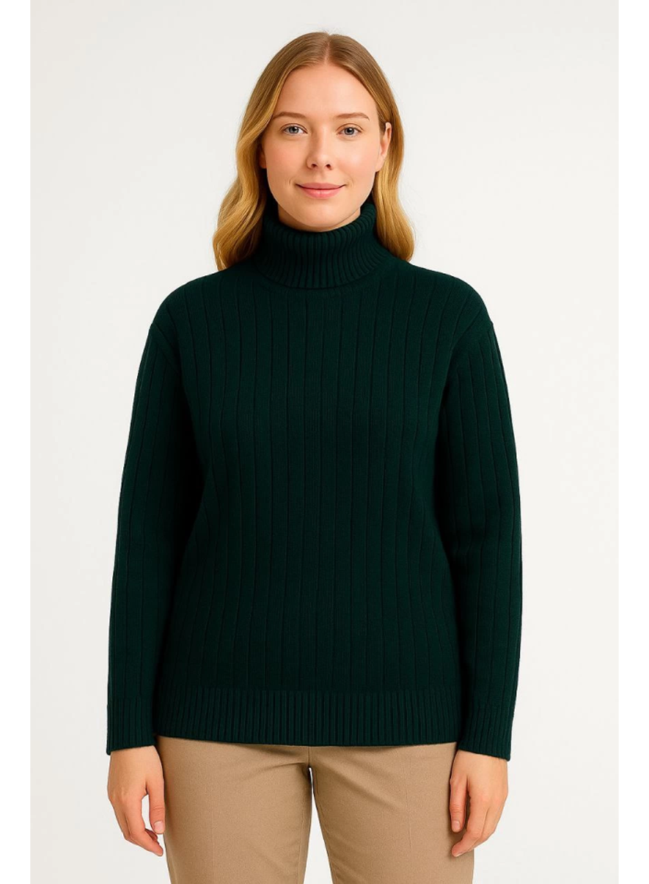 Balıkcı Yaka Bağazlı Triko Kazak Pamuklu Kalın Fitilli Dokuma - Haki