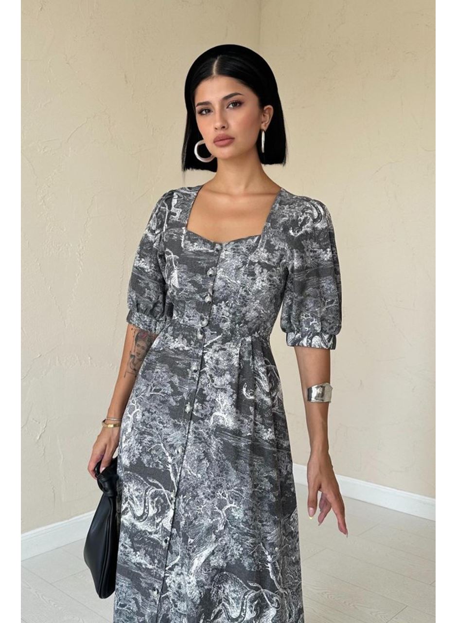 Haki Önü Düğmeli Kalp Yaka Elbise