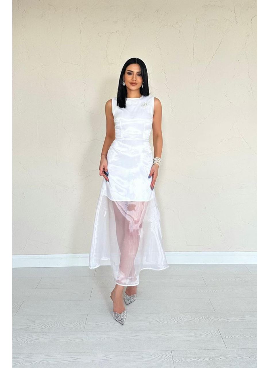 Beyaz Organze Detaylı Atlas Elbise