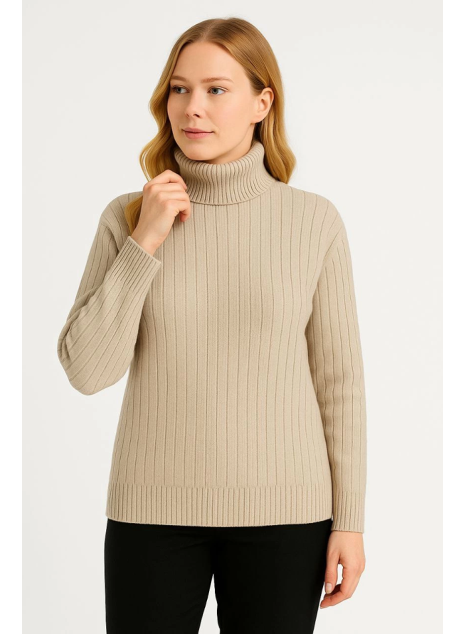 Balıkcı Yaka Bağazlı Triko Kazak Pamuklu Kalın Fitilli Dokuma - Bej