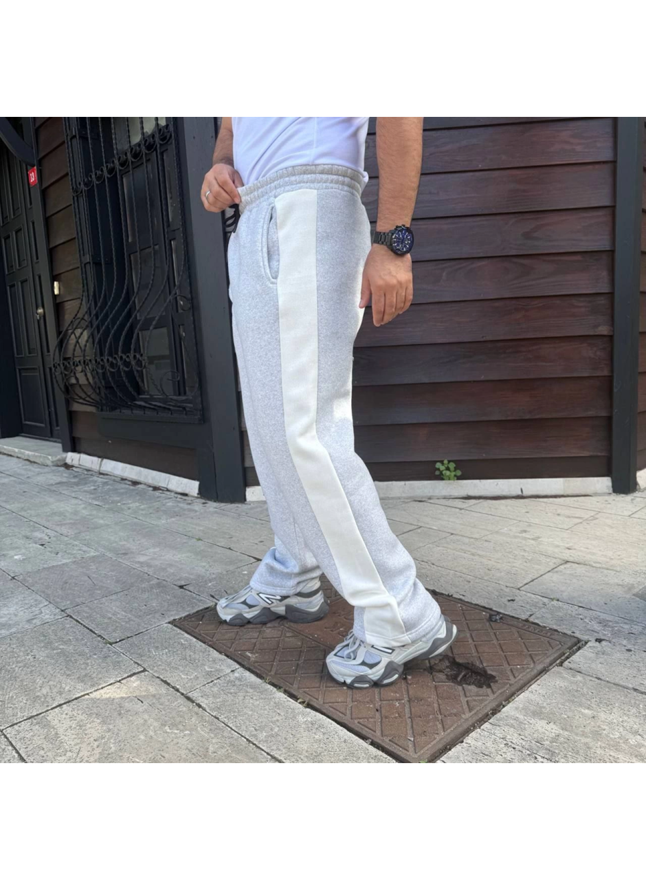 Erkek Üç İplik Kışlık Pamuklu Yandan Garneli Kalın Bej Şeritli Cepli Eşofman Altı - Gri