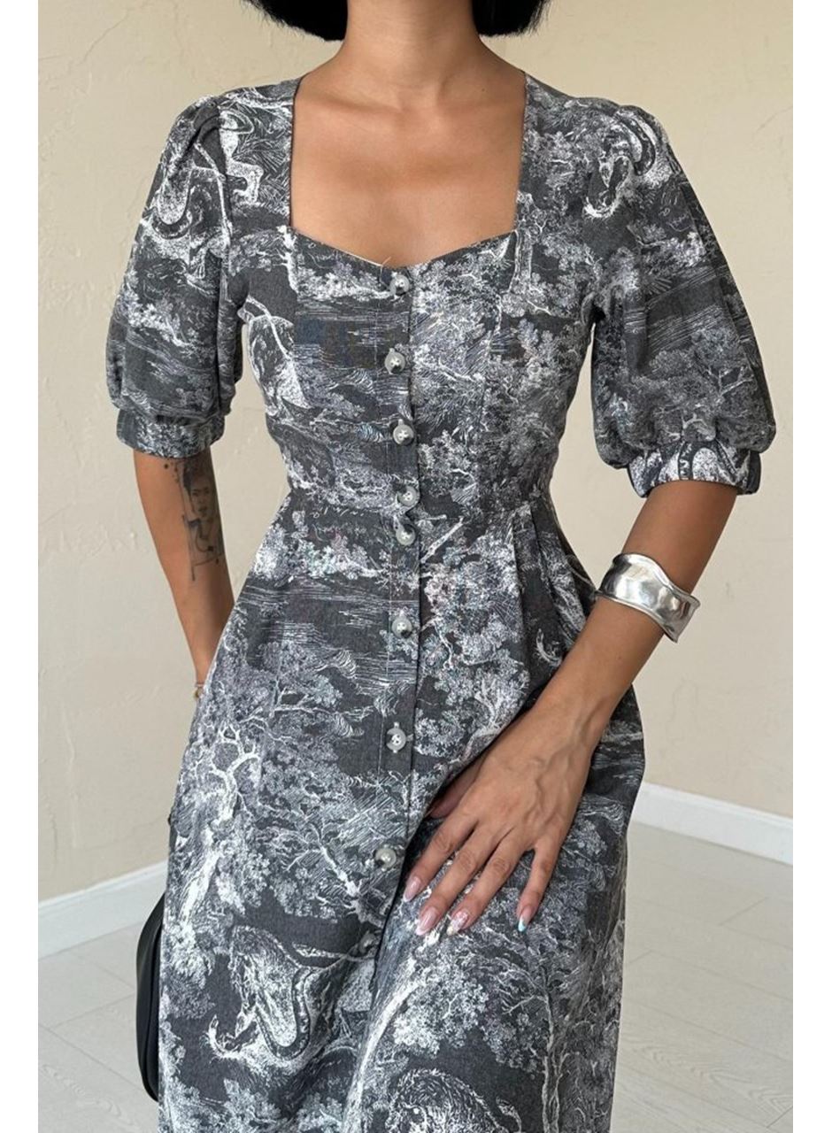 Haki Önü Düğmeli Kalp Yaka Elbise