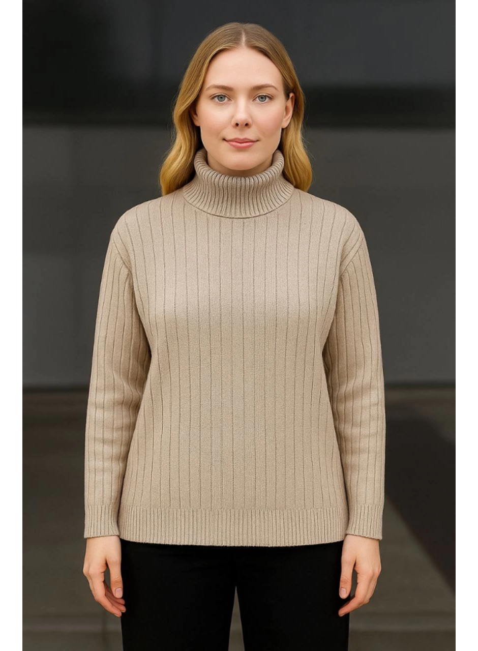 Balıkcı Yaka Bağazlı Triko Kazak Pamuklu Kalın Fitilli Dokuma - Bej