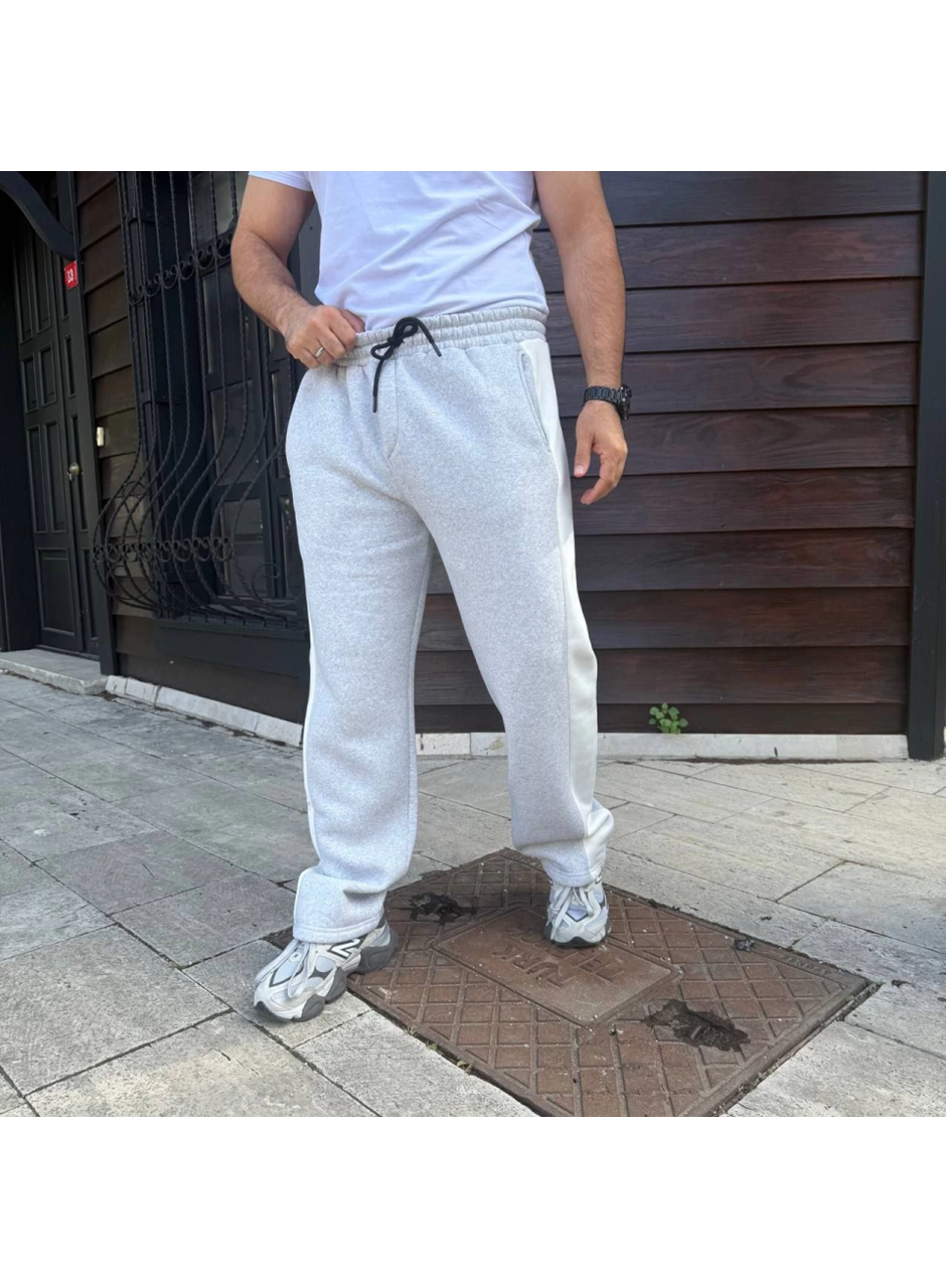 Erkek Üç İplik Kışlık Pamuklu Yandan Garneli Kalın Bej Şeritli Cepli Eşofman Altı - Gri