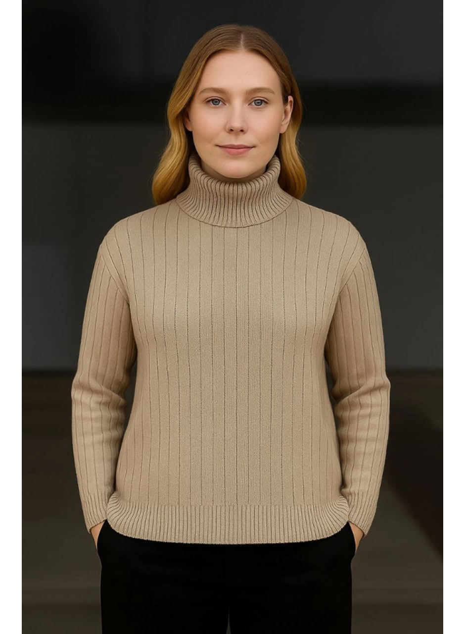 Balıkcı Yaka Bağazlı Triko Kazak Pamuklu Kalın Fitilli Dokuma - Bej