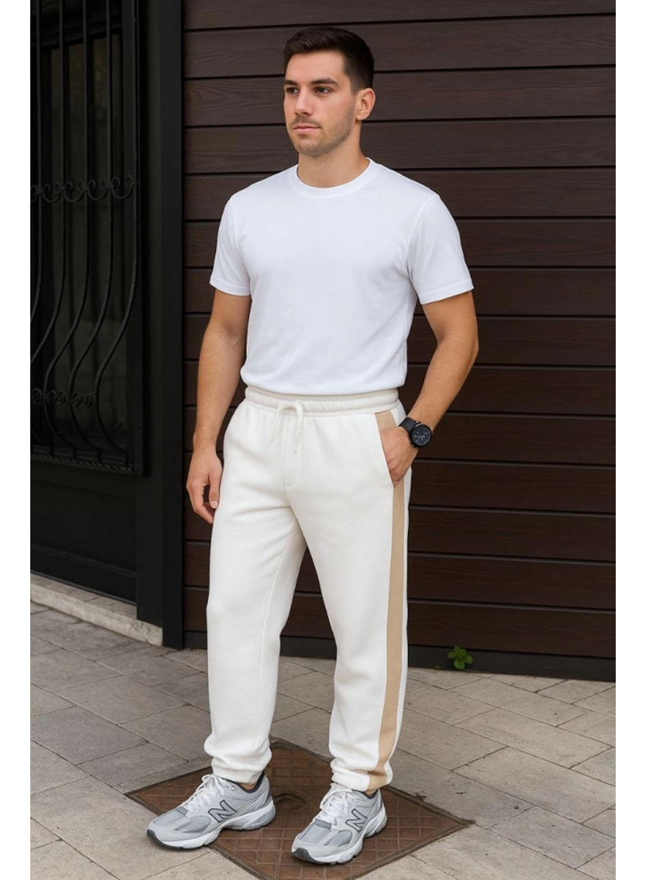 Erkek Üç İplik Kışlık Pamuklu Yandan Garneli Kalın Bej Şeritli Cepli Eşofman Altı - Beyaz