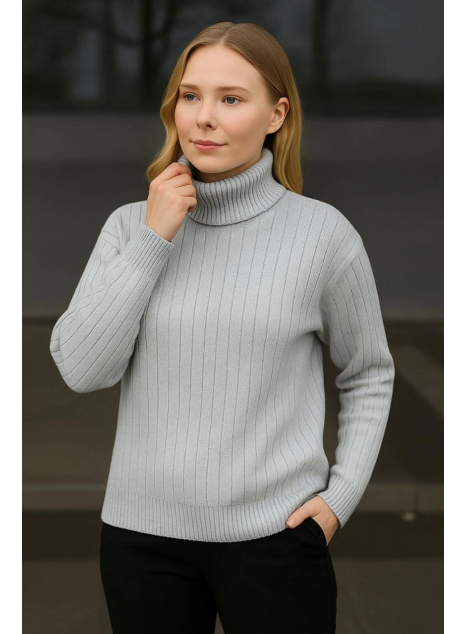 Balıkcı Yaka Bağazlı Triko Kazak Pamuklu Kalın Fitilli Dokuma - Gri