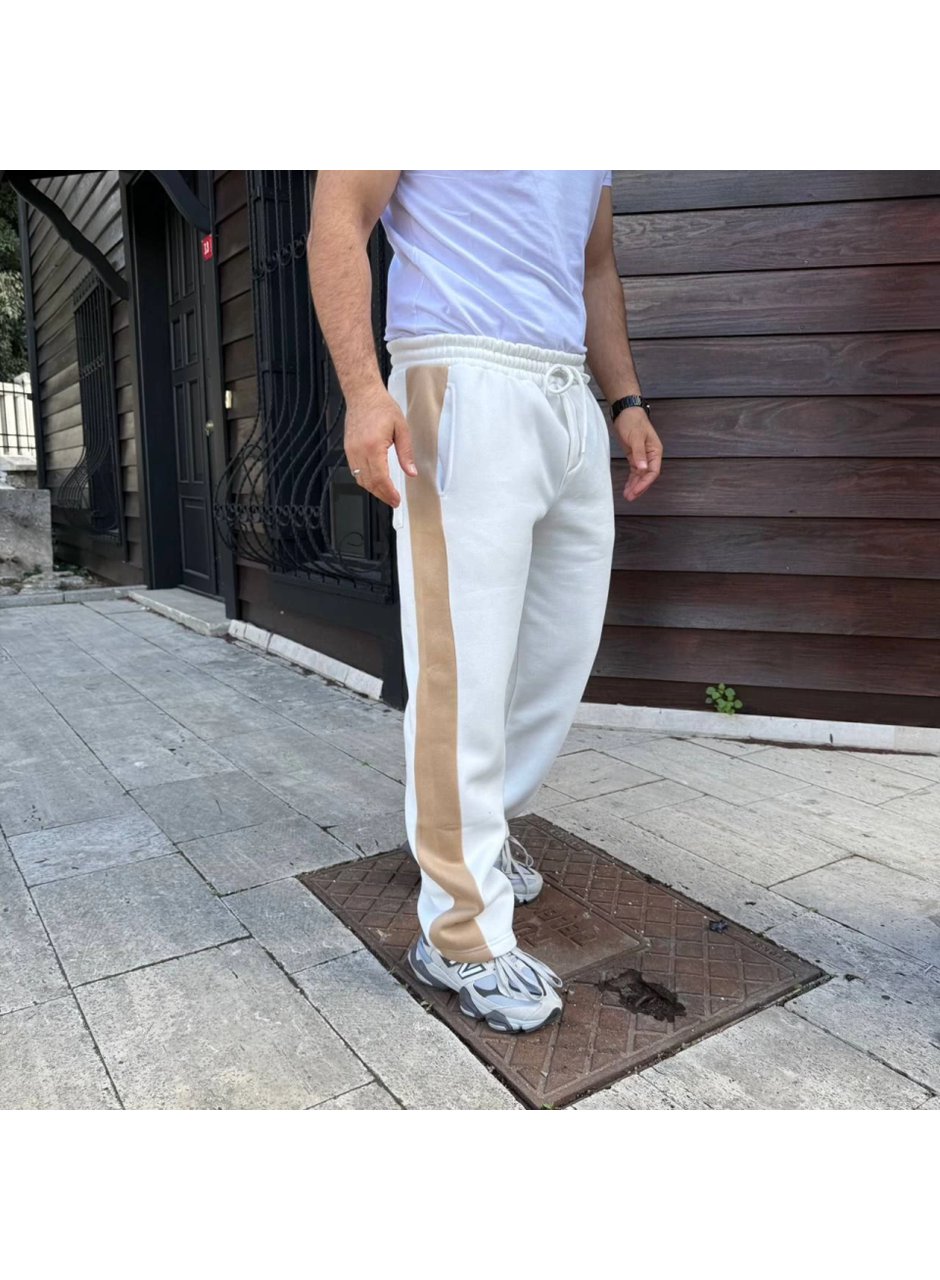 Erkek Üç İplik Kışlık Pamuklu Yandan Garneli Kalın Bej Şeritli Cepli Eşofman Altı - Beyaz