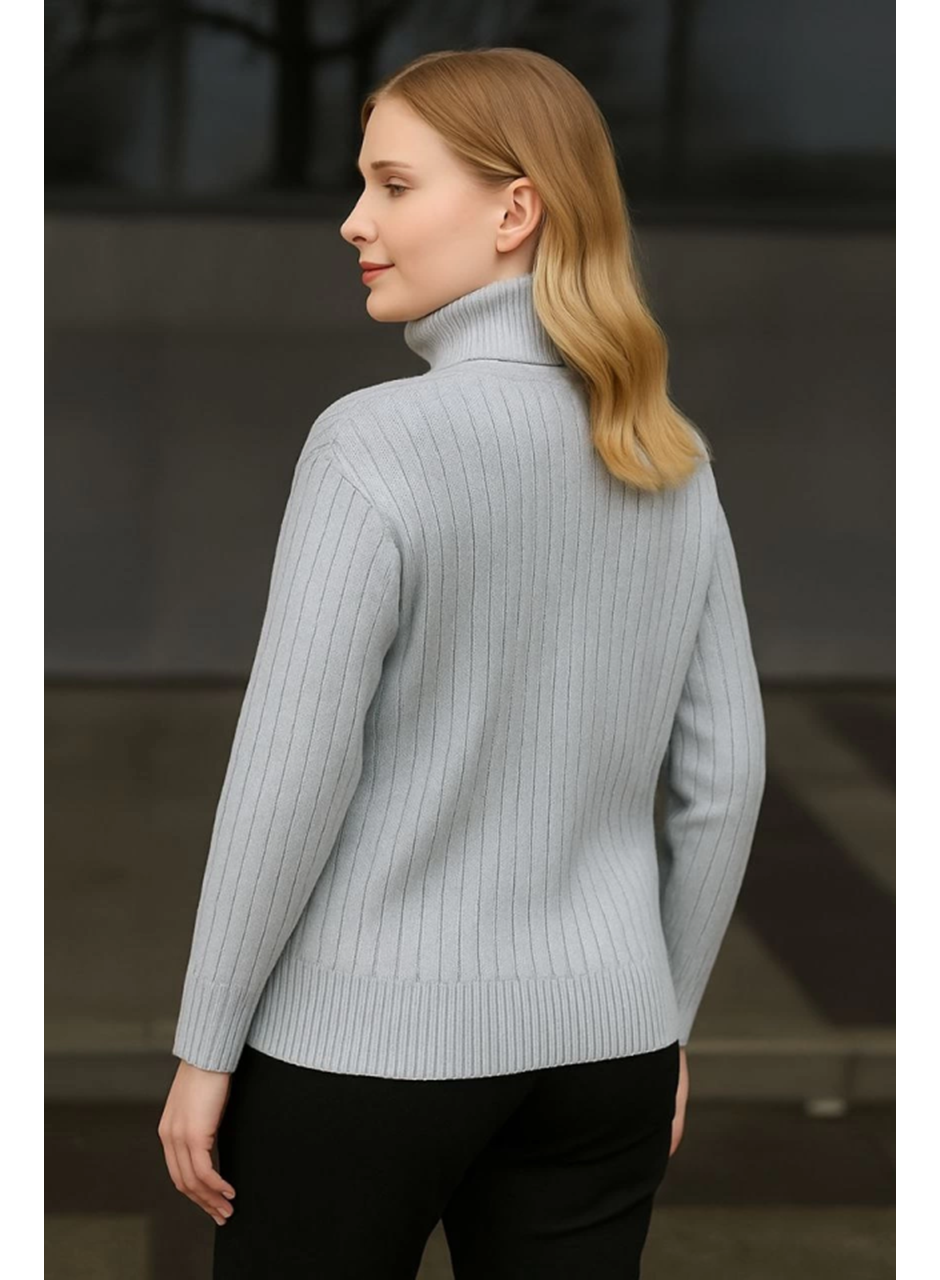Balıkcı Yaka Bağazlı Triko Kazak Pamuklu Kalın Fitilli Dokuma - Gri