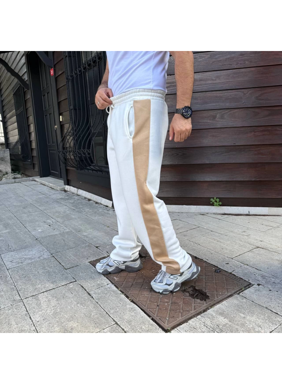 Erkek Üç İplik Kışlık Pamuklu Yandan Garneli Kalın Bej Şeritli Cepli Eşofman Altı - Beyaz