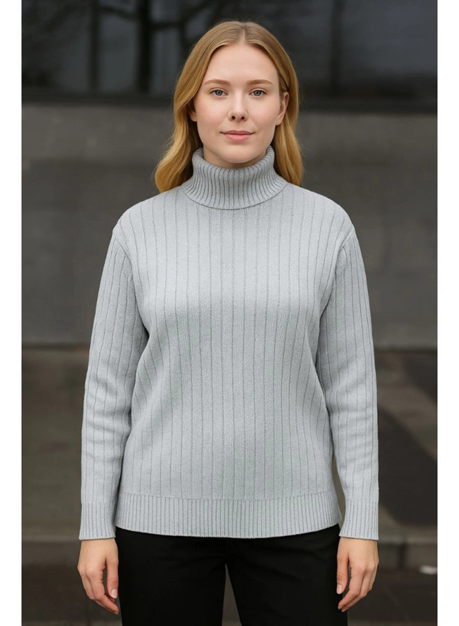 Balıkcı Yaka Bağazlı Triko Kazak Pamuklu Kalın Fitilli Dokuma - Gri