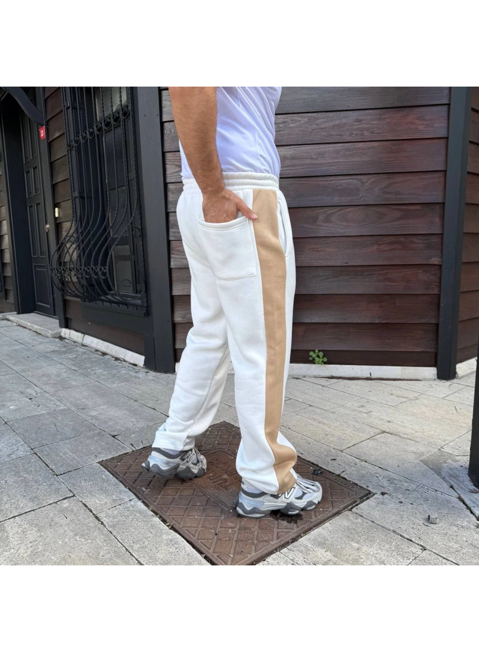 Erkek Üç İplik Kışlık Pamuklu Yandan Garneli Kalın Bej Şeritli Cepli Eşofman Altı - Beyaz