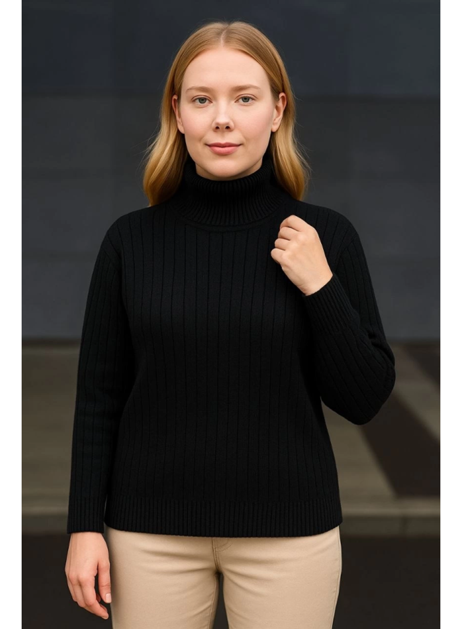 Balıkcı Yaka Bağazlı Triko Kazak Pamuklu Kalın Fitilli Dokuma - Siyah