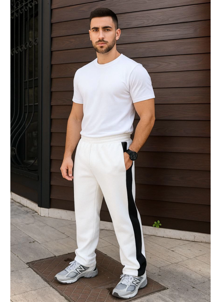 Erkek Üç İplik Kışlık Pamuklu Yandan Garneli Kalın Şeritli Cepli Eşofman Altı - Beyaz
